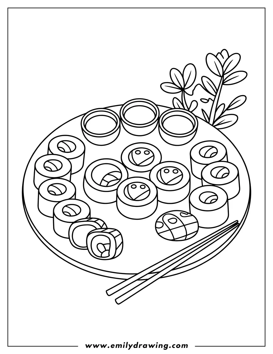 Line art of a sushi platter with various rolls, small bowls, chopsticks, and decorative leaves.