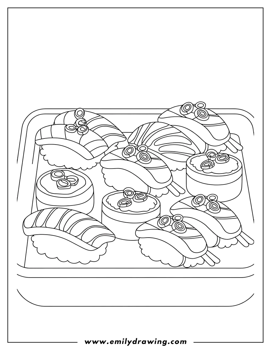 Line art of a sushi platter filled with various types of sushi, including nigiri with fish on top and maki rolls, all arranged neatly on a rectangular tray.
