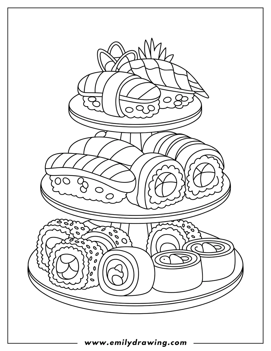 Outline of a tiered serving platter filled with various types of sushi, including nigiri and maki rolls.