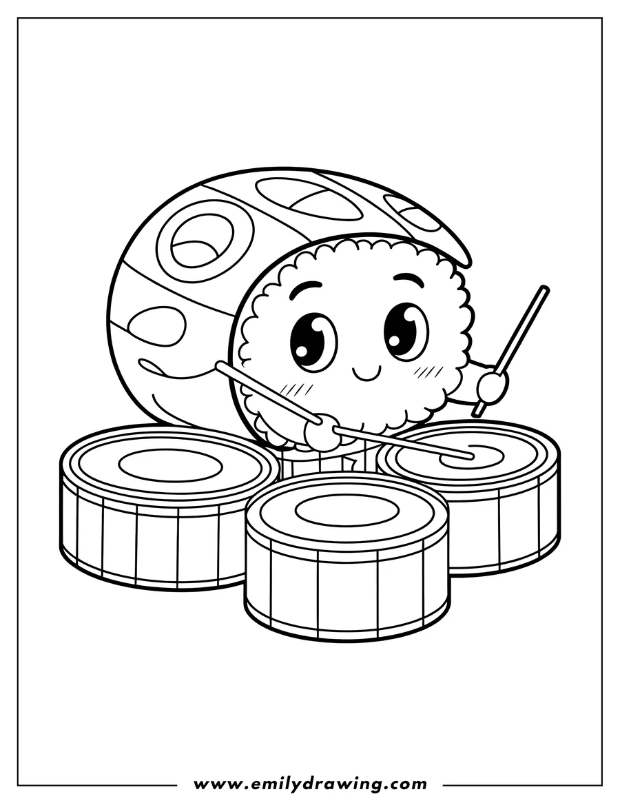 Line art of a cheerful sushi piece with big eyes and a smile, wearing a sushi roll as a hat, and playing a drum set with two drumsticks.