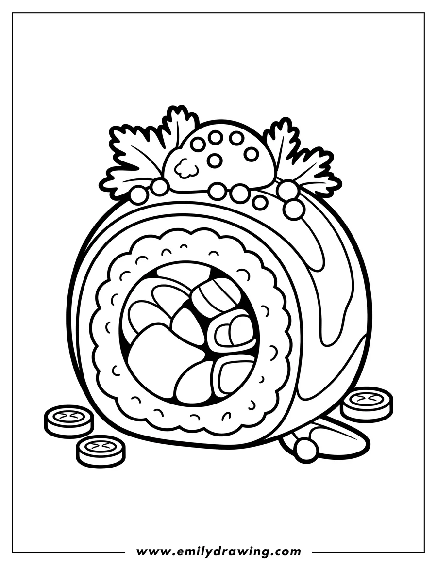 Outline of a large, single sushi roll, topped with garnish resembling parsley and small round pieces, with two additional small sushi pieces lying on the surface next to it.