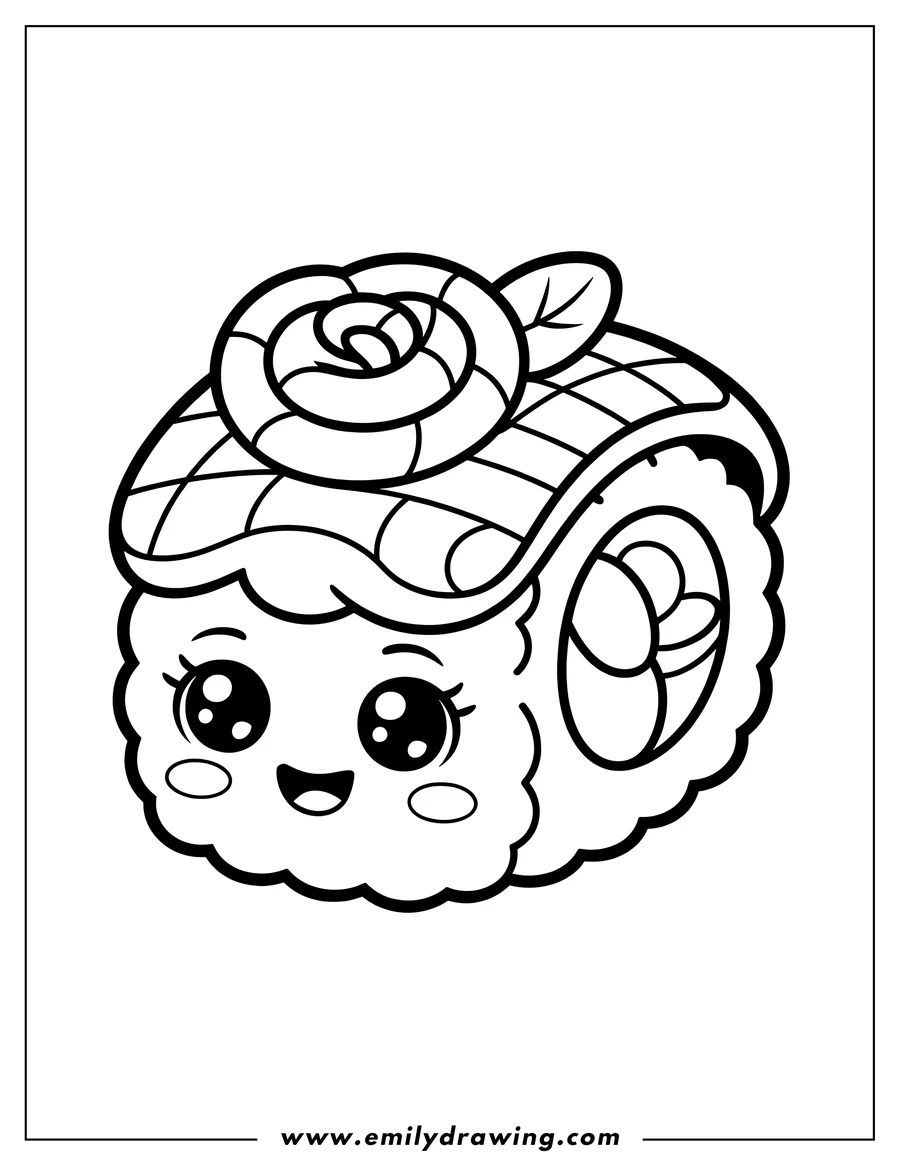 Line art of a kawaii sushi roll with a smiling face, big eyes, and a decorative flower and leaf on top.