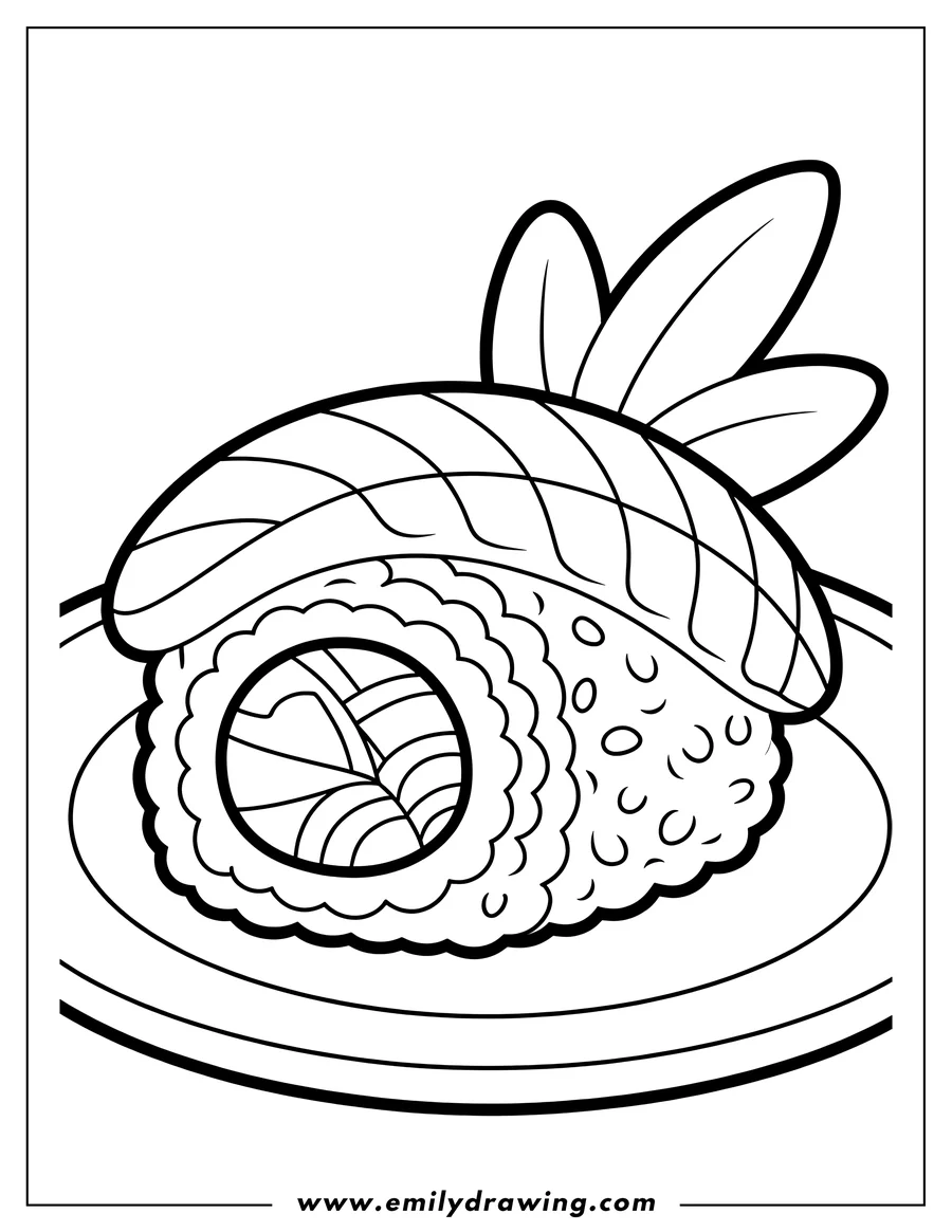 Outline of a sushi roll with a piece of salmon on top, garnished with two leaves, resting on a round plate.