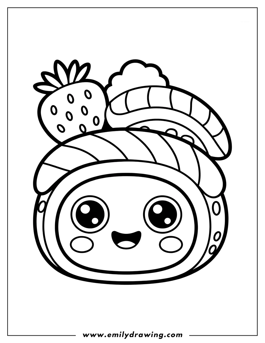 Outline of a cheerful sushi roll with a big smile and wide eyes, topped with a strawberry and a cloud-like shape.