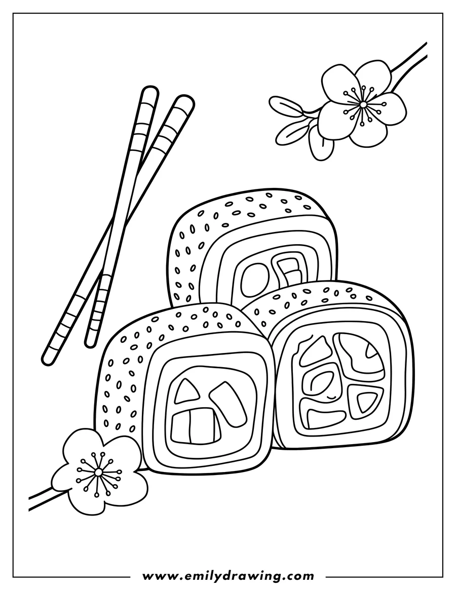 Outline of three sushi rolls with sesame seeds, next to a pair of chopsticks and two cherry blossom flowers.