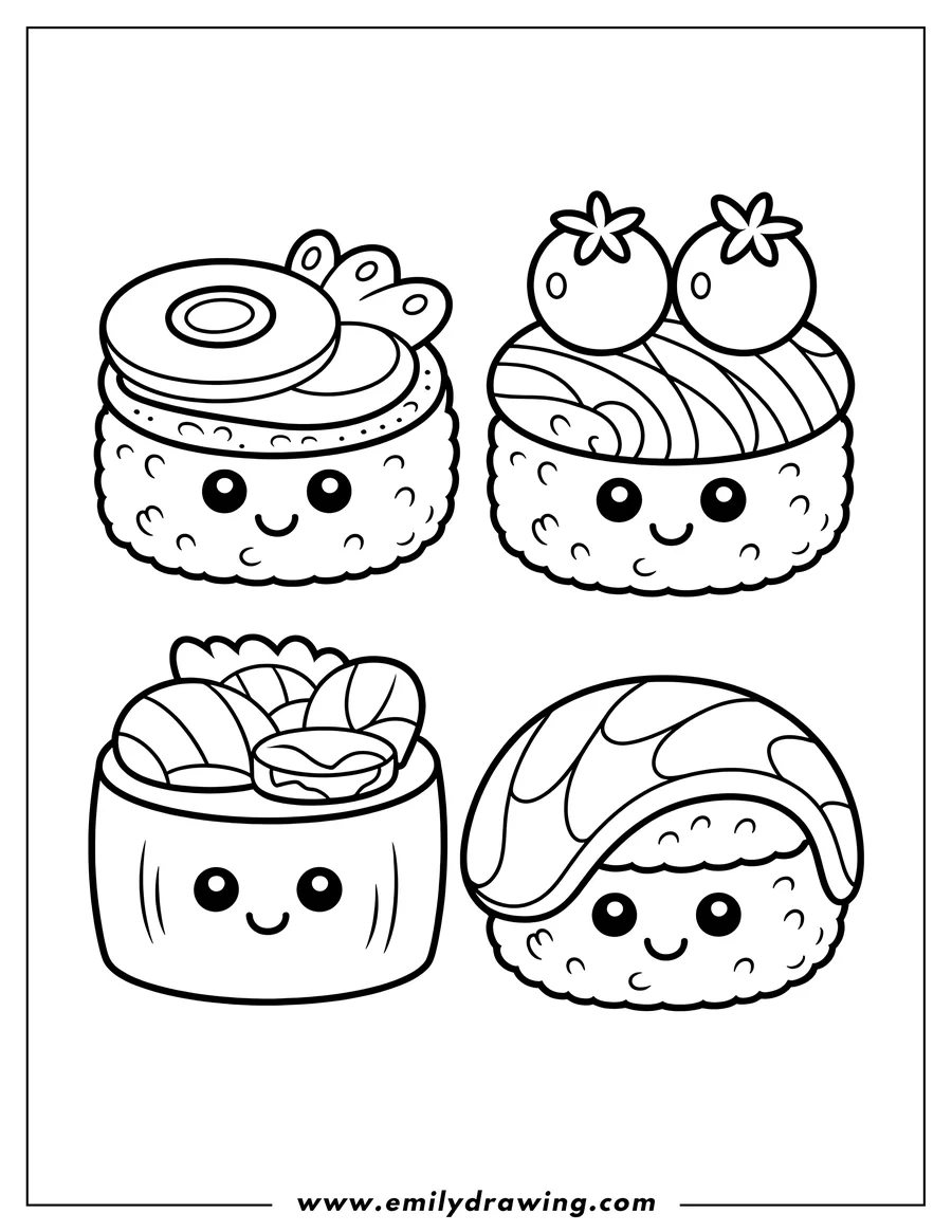 Outline of four different smiling sushi rolls, each with a unique topping design.