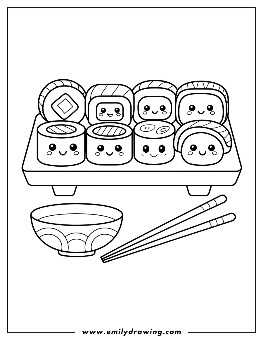 Line art showing a tray of cute, smiling sushi rolls, with a bowl of soup and chopsticks nearby.