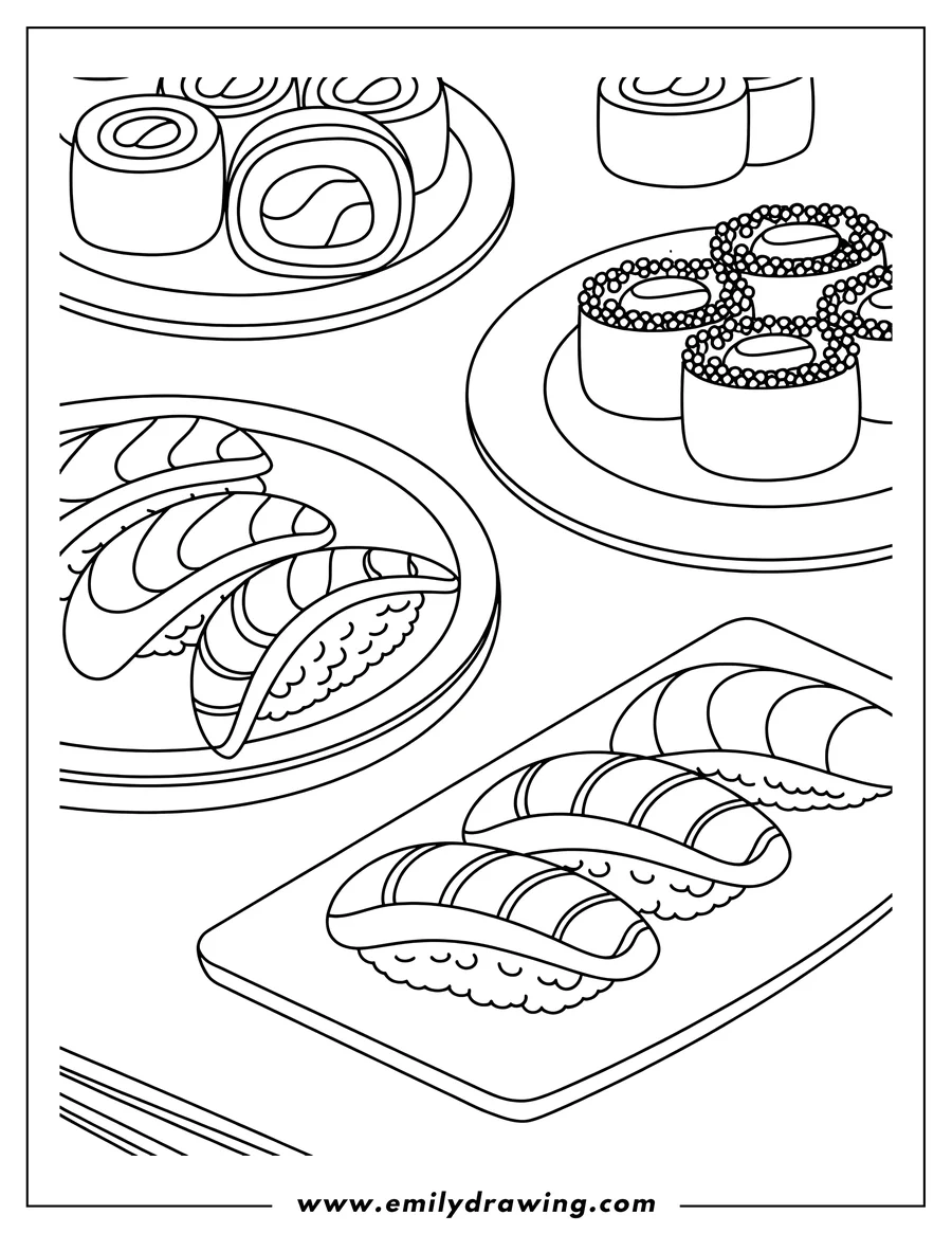 Line art of various types of sushi on plates and a board, with chopsticks in the corner, including rolls and nigiri.
