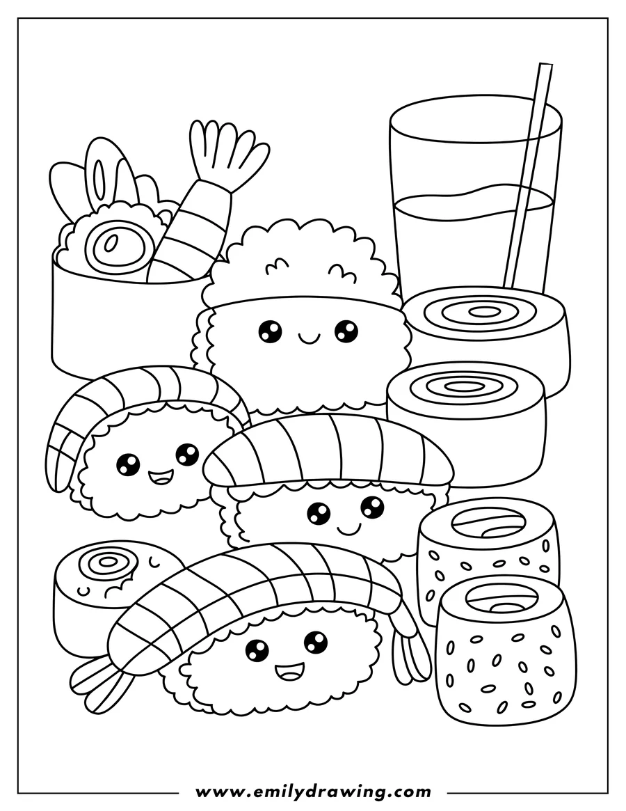 Outline of various sushi pieces, including smiling nigiri, sushi rolls, and a glass with a drink and straw.