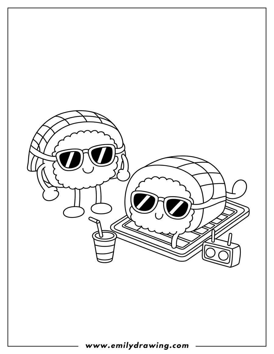 Outline of two kawaii sushi rolls wearing sunglasses. One sushi roll is standing, and another is lying on a mat with a drink and a radio.