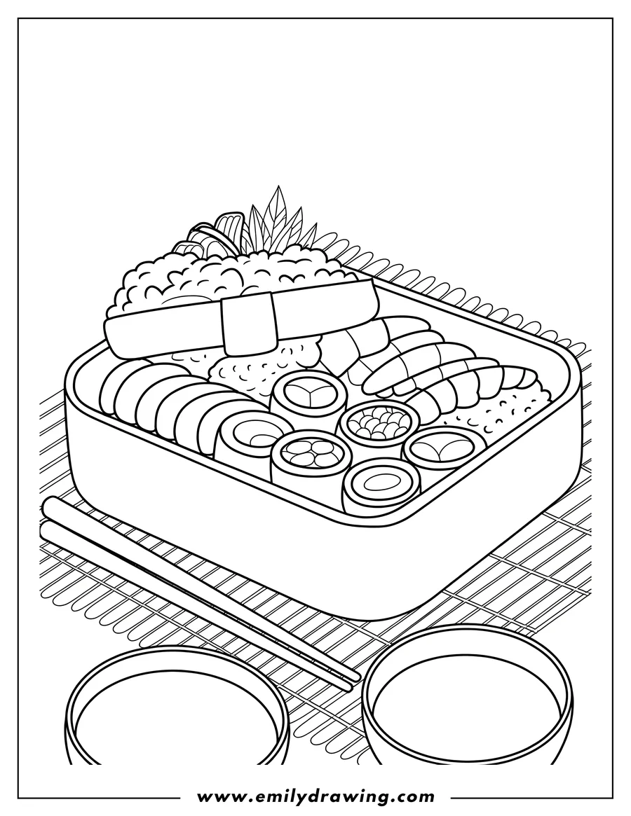 Outline of a bento box filled with various types of sushi, including rolls, nigiri, and rice, placed on a bamboo mat with chopsticks and two small bowls in front.