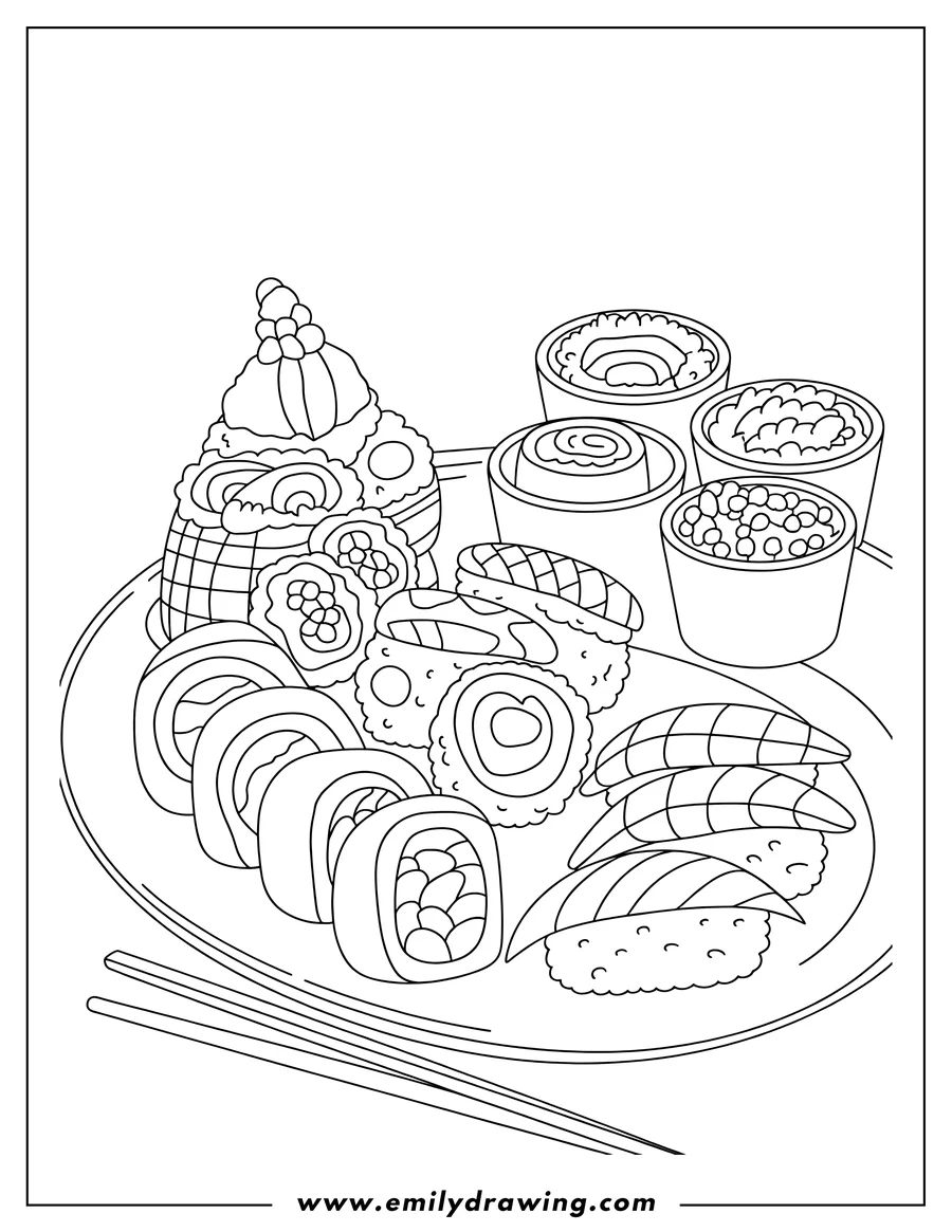 Outline of a variety of sushi pieces arranged on a circular plate, with chopsticks resting nearby.