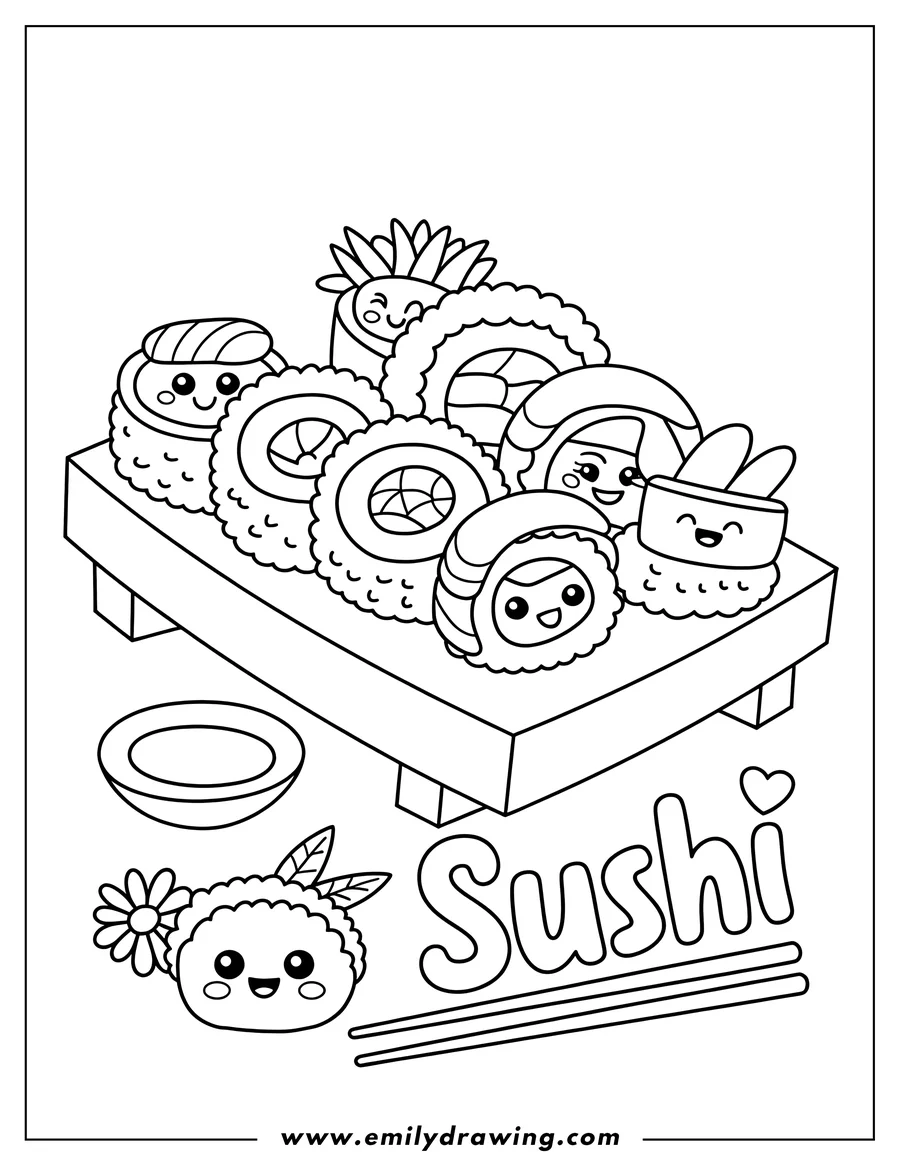 Outline of various sushi rolls with happy faces arranged on a serving platter, with a separate bowl, chopsticks, and the word 'Sushi' with a heart.