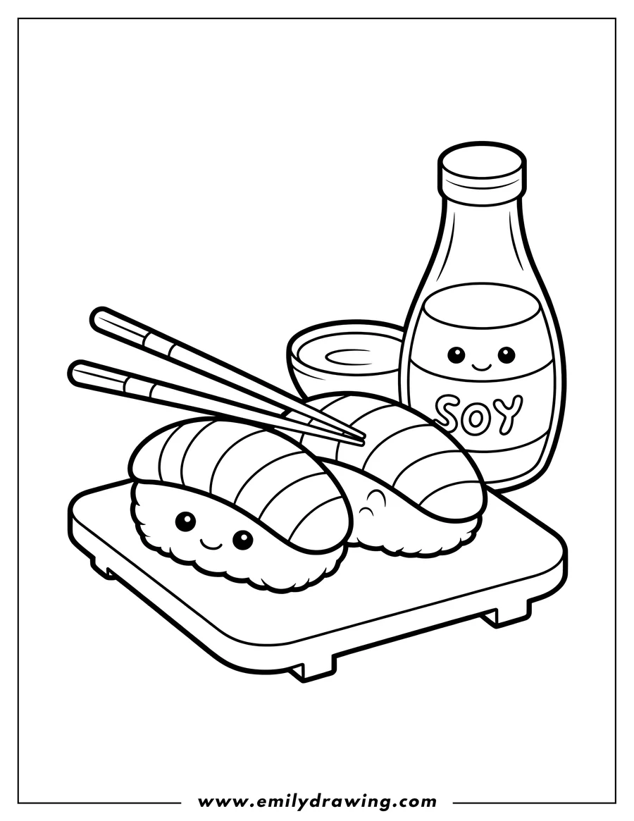Outline of two pieces of sushi with happy faces on a serving tray, accompanied by chopsticks, a soy sauce bottle with a smiling face, and a small dish.