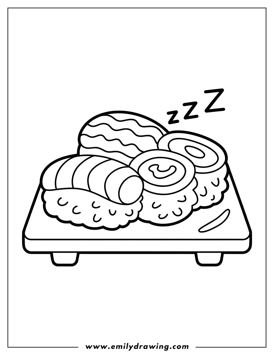 Outline of a sushi platter with various pieces of sushi on a tray, one with 'zzz's indicating sleep.