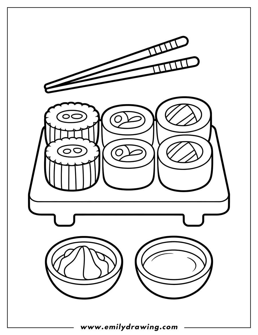 Line art of a sushi platter with chopsticks, wasabi, and soy sauce.