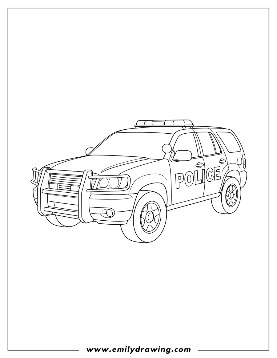 Black and white line art of suv Police Car with 'POLICE' text on the side, a front push bar, and rooftop lights