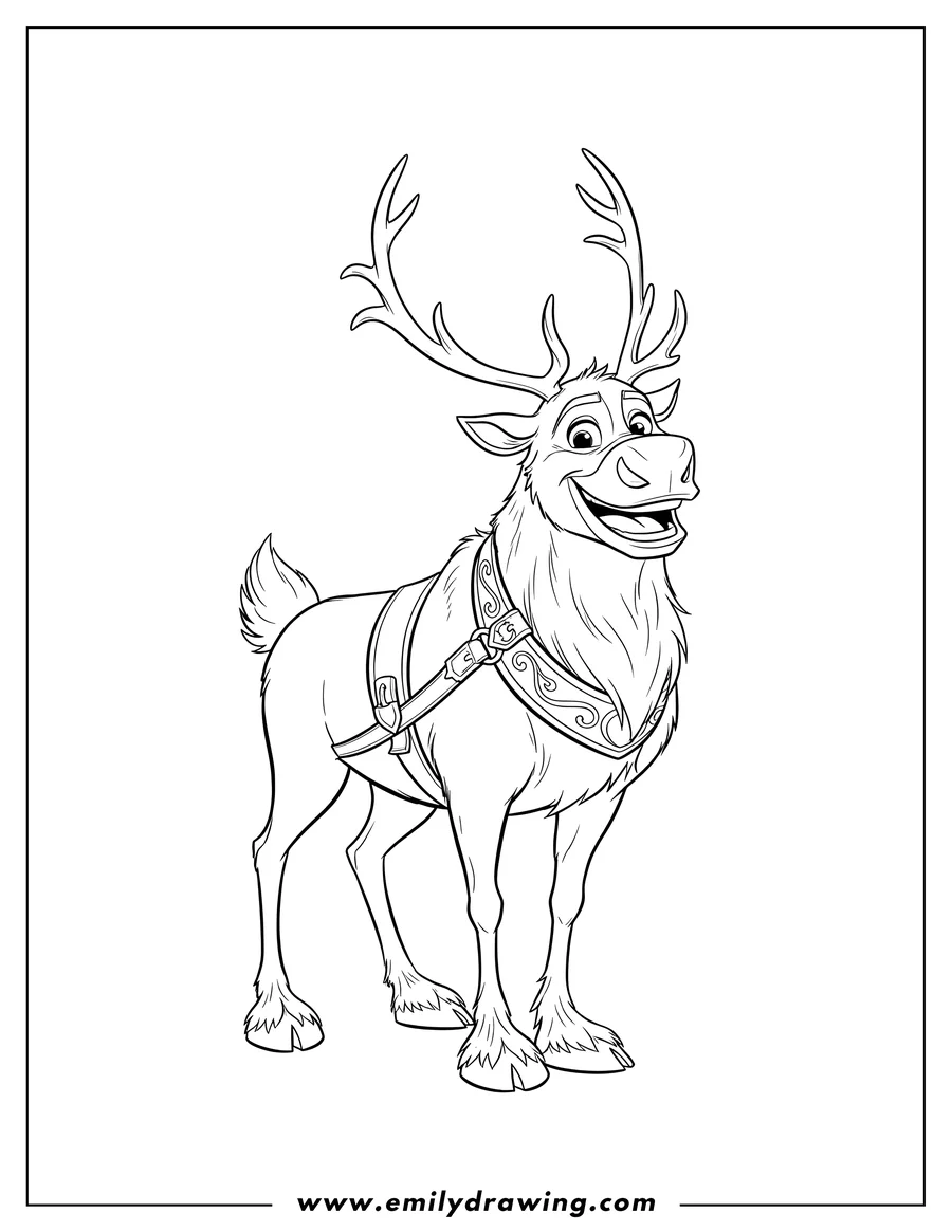Black and white line art of sven Reindeer To Color, grinning, wearing a harness