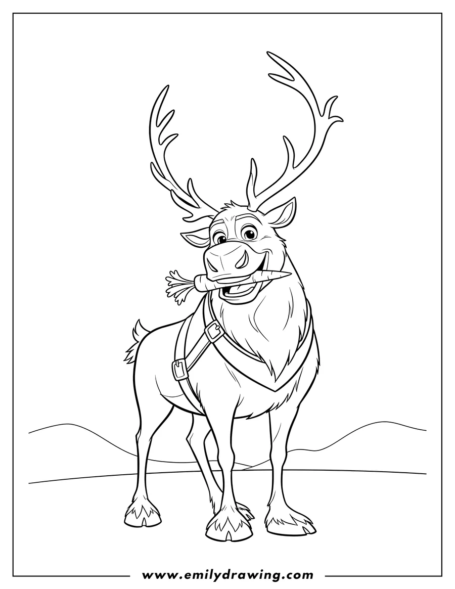 Printable coloring page of sven Reindeer with antlers and a harness, happily eating a carrot