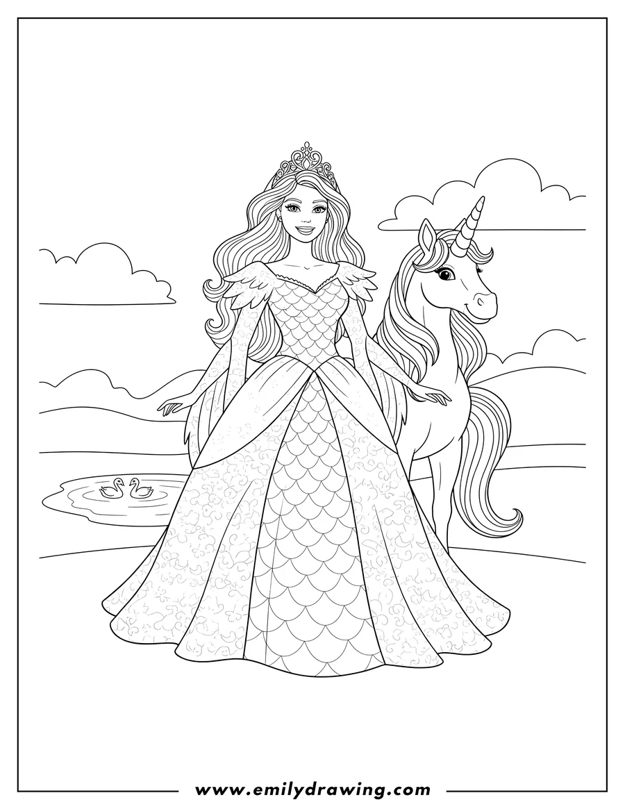 Black and white line art of swan Princess Barbie With Unicorn Scaled, smiling and wearing a crown with feathery sleeves, with a unicorn standing beside her