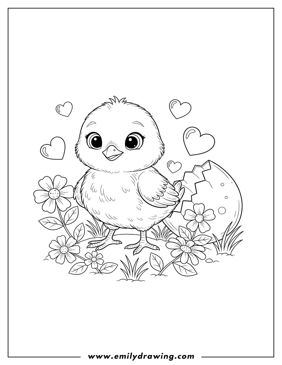Coloring page of sweet Baby Chick standing with a Cracked Eggshell, Hearts, Flowers, and Grass