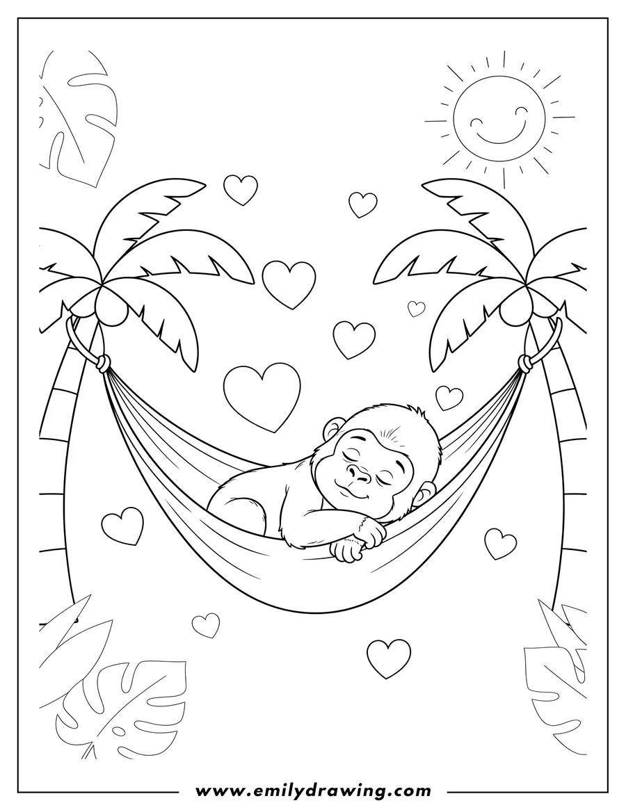 Downloadable coloring page of sweet Baby Gorilla Sleeping on its back in a Hammock, with Closed Eyes and Hearts