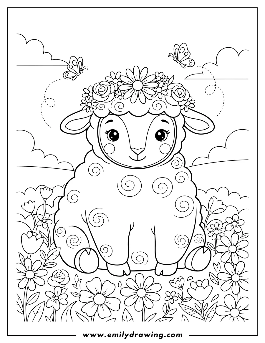 Free printable coloring sheet of sweet Cartoon Lamb sitting and wearing a flower crown in a blooming field with butterflies flying