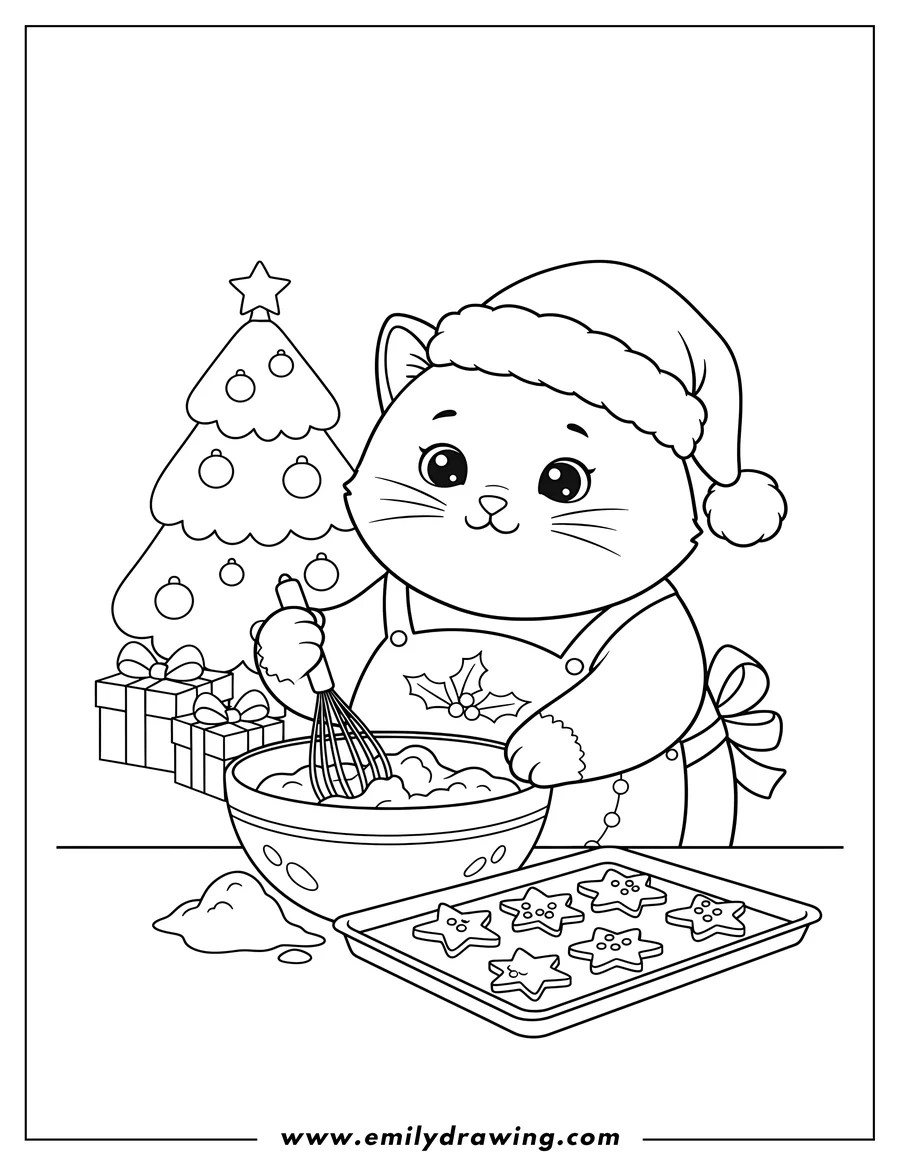 Printable line art of sweet Christmas cat wearing a Santa hat mixing cookie dough with a whisk for preschoolers