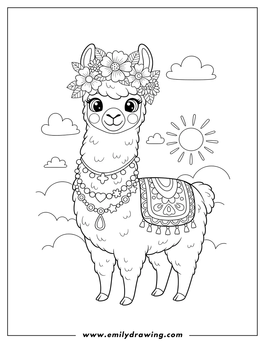 Vector style outline of sweet Llama With Saddle And Floral Headband, smiling with large eyes and a beaded necklace