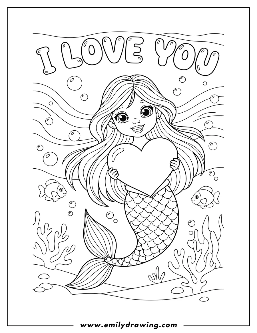 Simple sketch of sweet Mermaid holding a heart with both hands under the sea, with 'I LOVE YOU' written above her to color