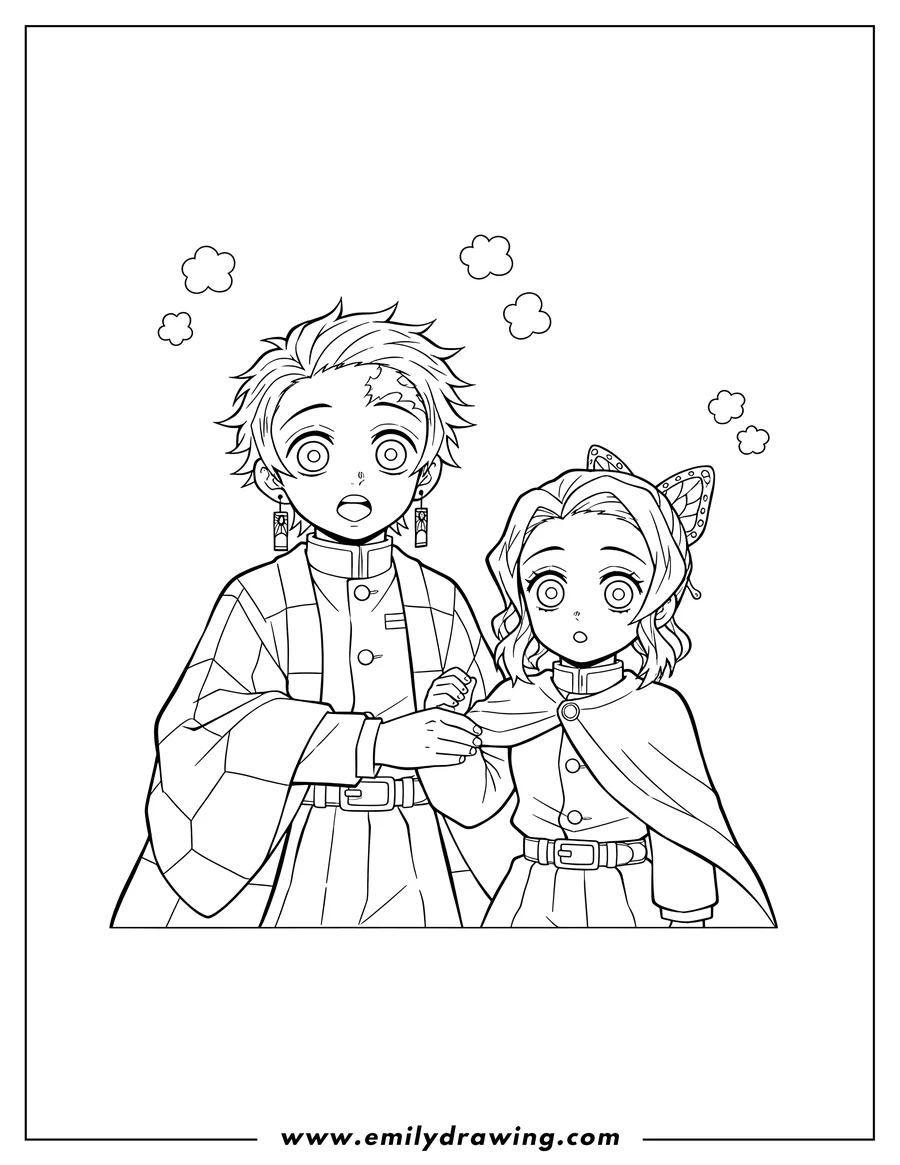 Linear illustration of sweet Tanjiro Kamado gently holding Kanao Tsuyuri's arm, both looking surprised