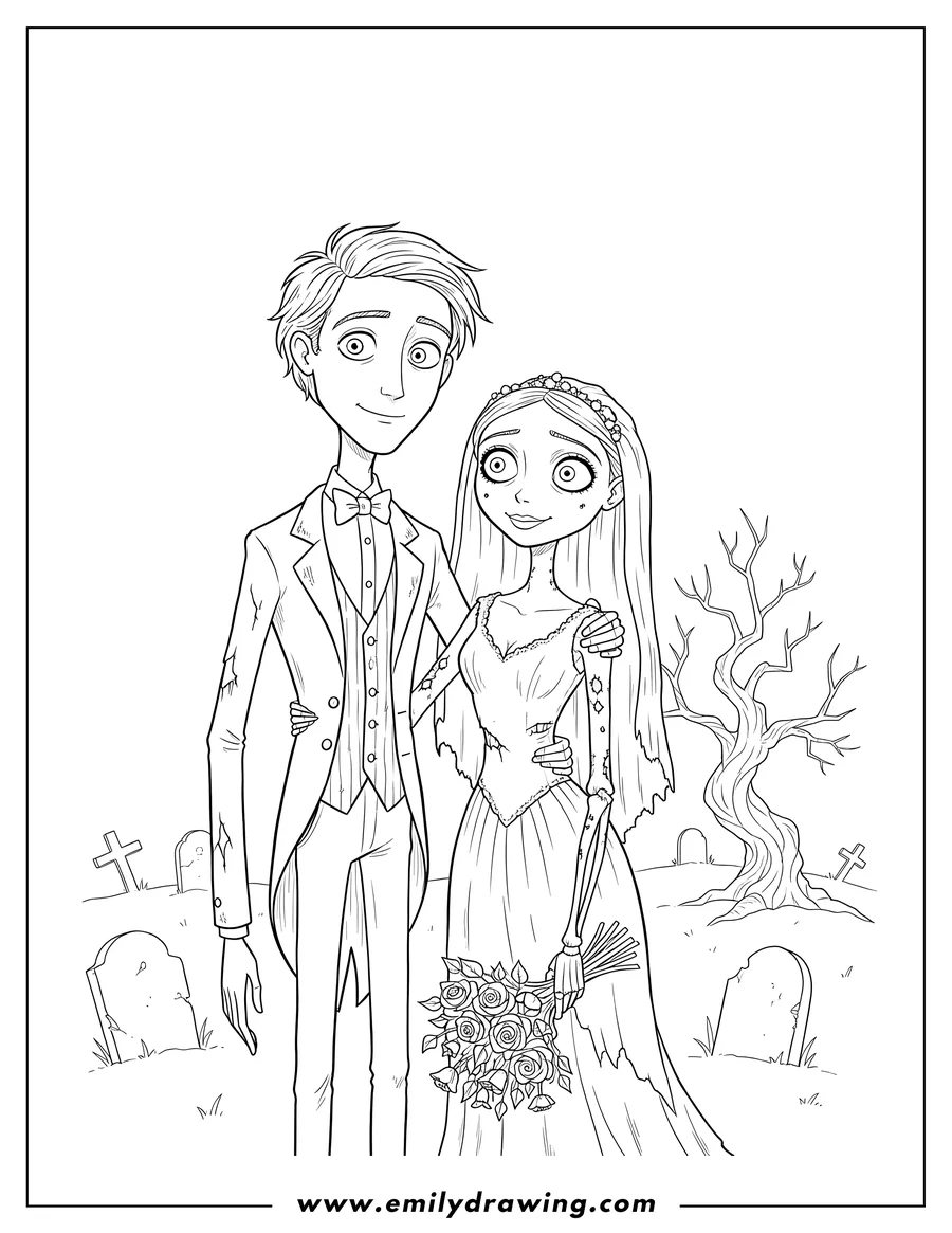 Coloring page of sweet Victor Van Dort With Emily Corpse Bride, standing together with Victor's arm around her