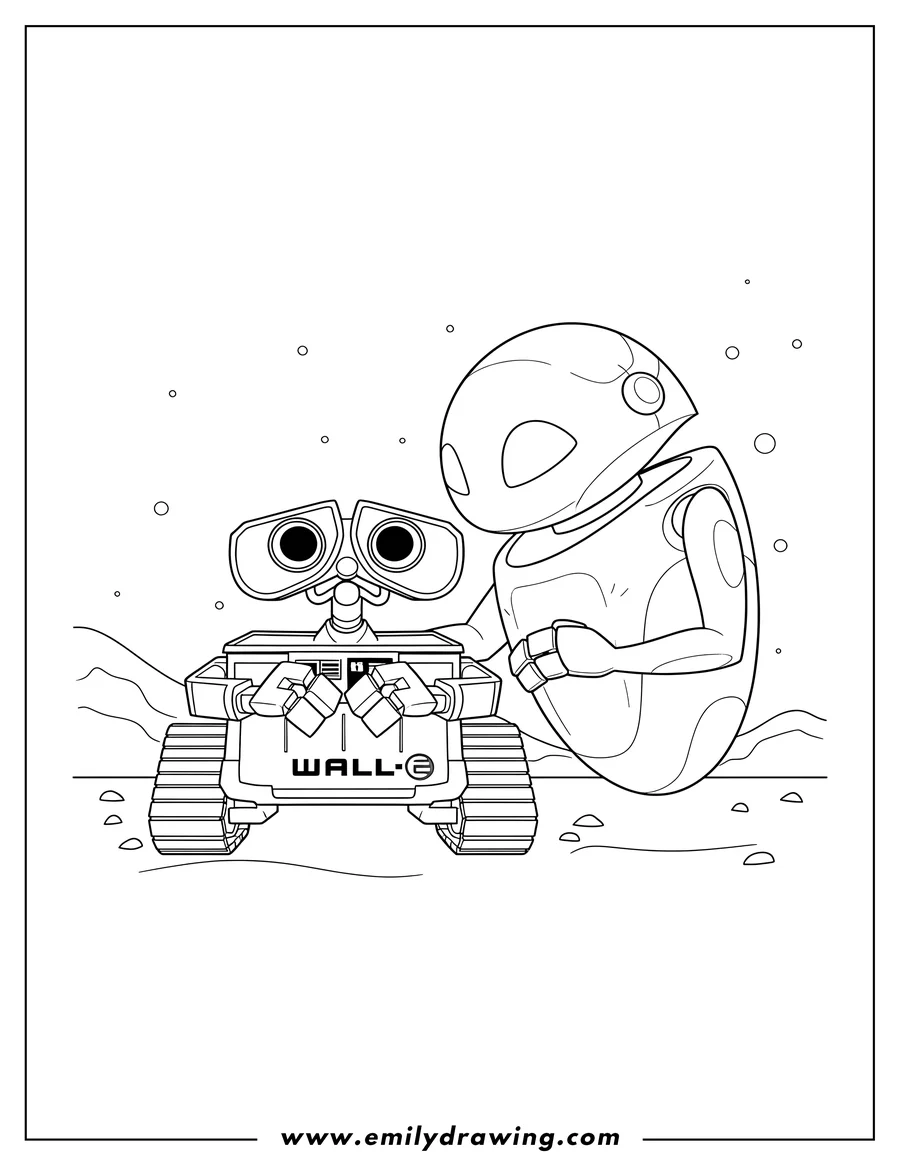 Coloring page of sweet Wall-E and Eve, with Eve leaning towards Wall-E