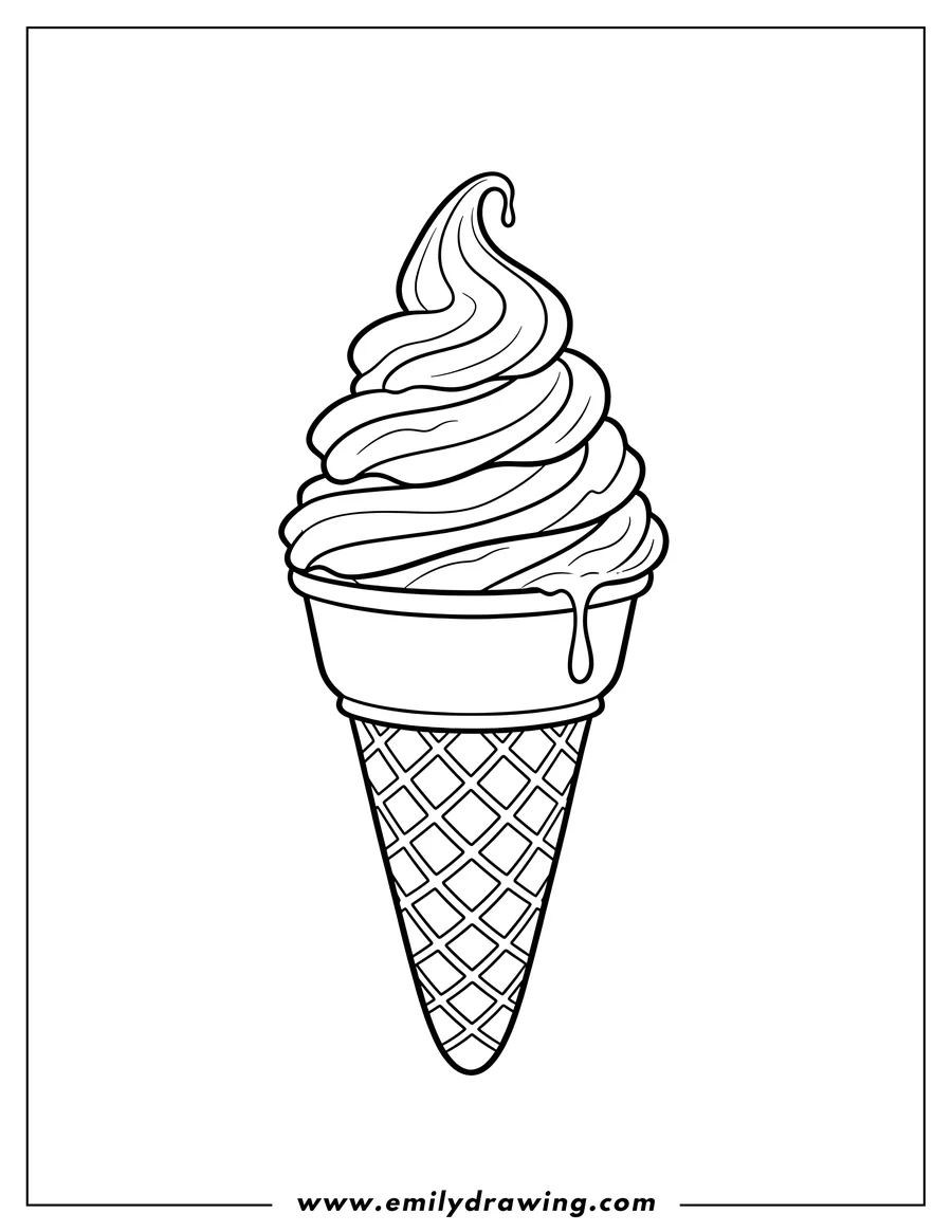 Simple sketch of ice Cream Cone Scaled, swirled soft-serve in a waffle cone to color