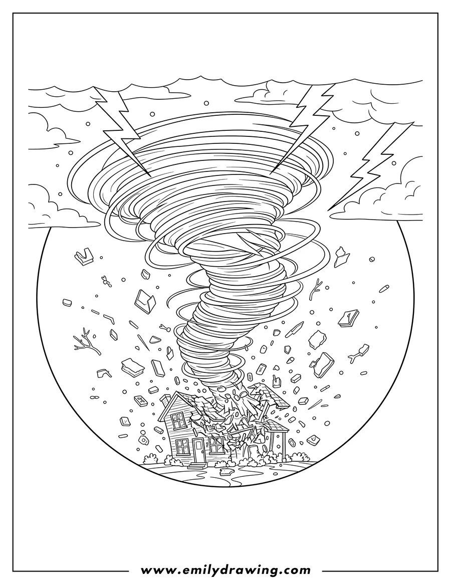 Simple sketch of swirling tornado destroying house with flying debris and lightning to color
