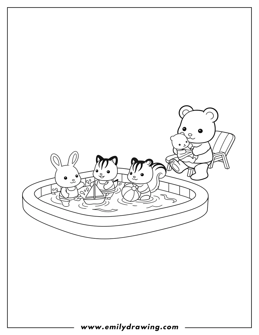 Outline drawing of calico Critters Sylvanian Families playing in a pool with a toy boat and ball, watched by a parent holding a baby