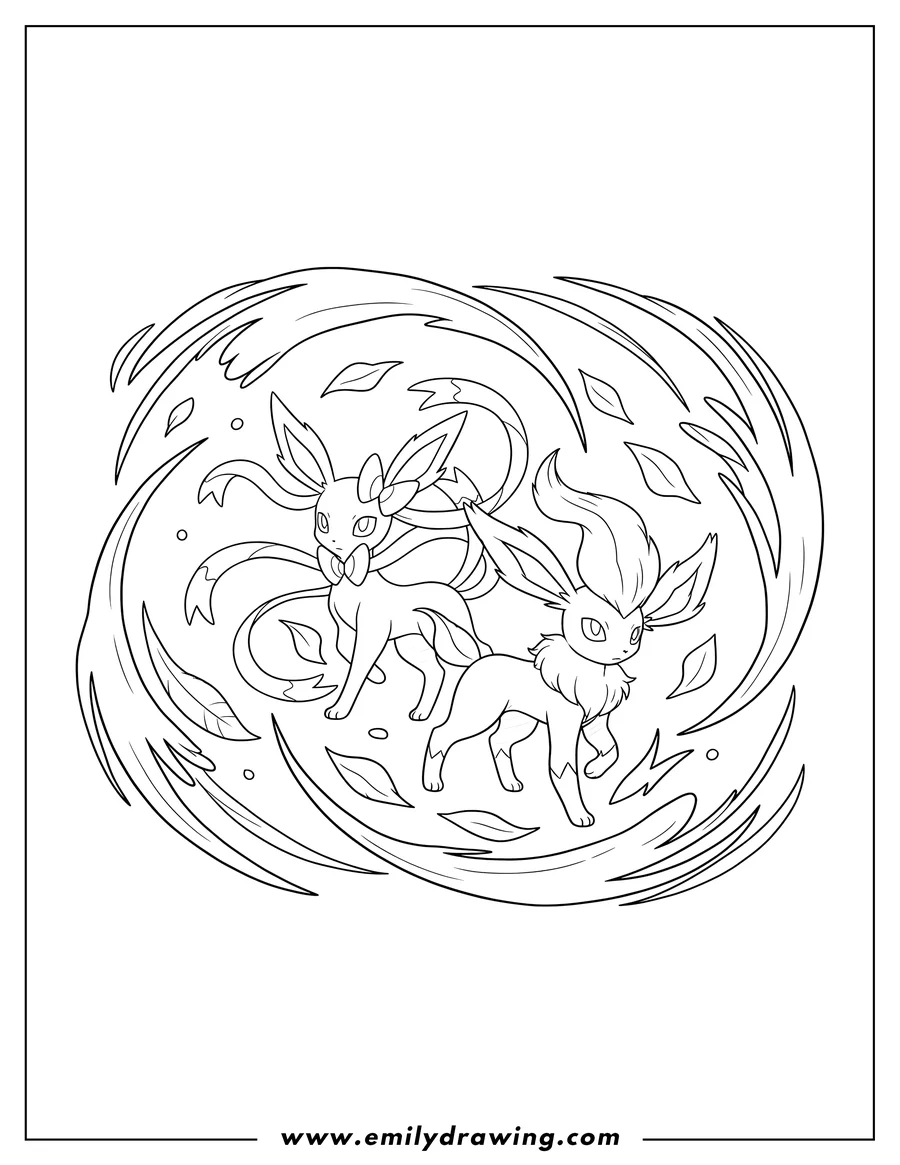 Coloring page of sylveon and Leafeon surrounded by swirling wind