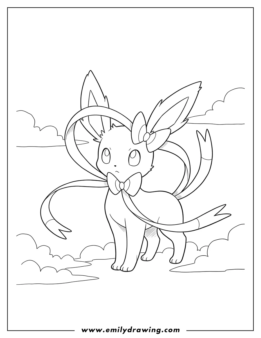 Simple sketch of sylveon Eevee standing with bow and ribbons, clouds to color