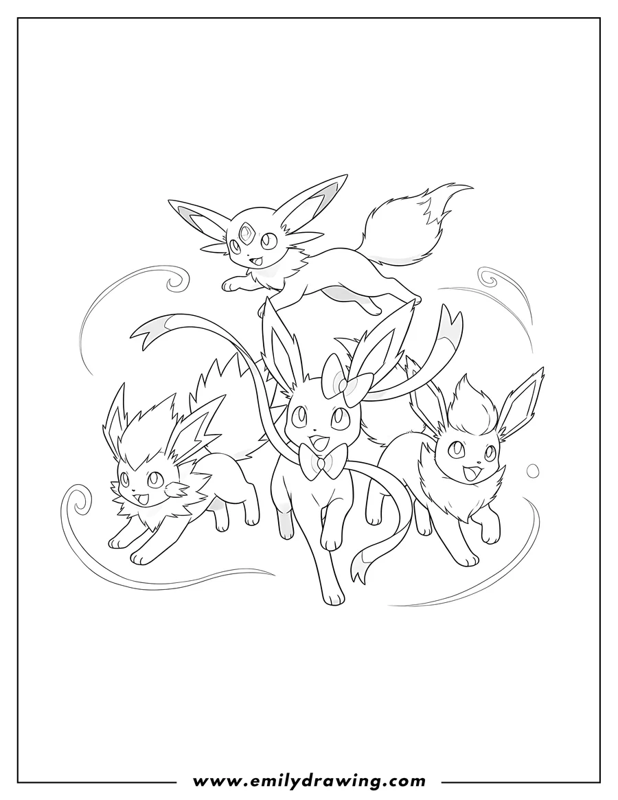PDF style coloring page: sylveon, Flareon, Jolteon, and Espeon running and leaping together