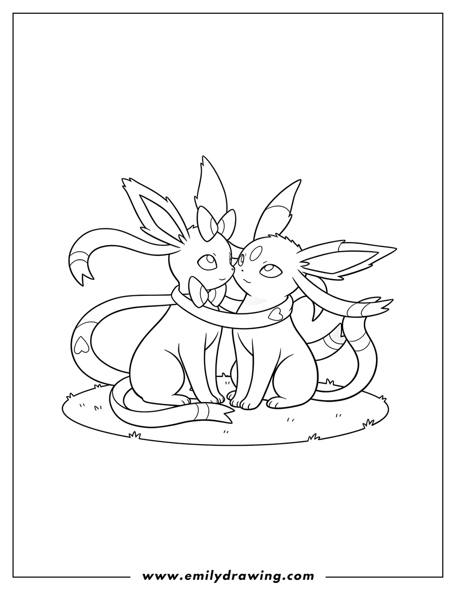 Printable line art of sylveon hugging Espeon with ribbons, both sitting and looking at each other