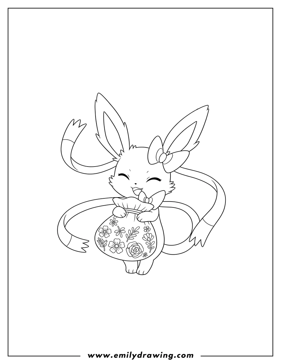 Free printable coloring sheet of sylveon Pokemon Card coloring page, Sylveon smiling and holding a flower-decorated pouch