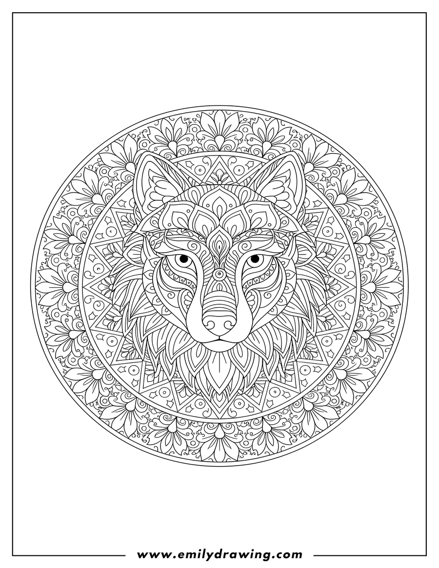 Coloring page for kids: symmetrical Frontal Wolf Head Mandala With Intricate Geometric And Floral Patterns