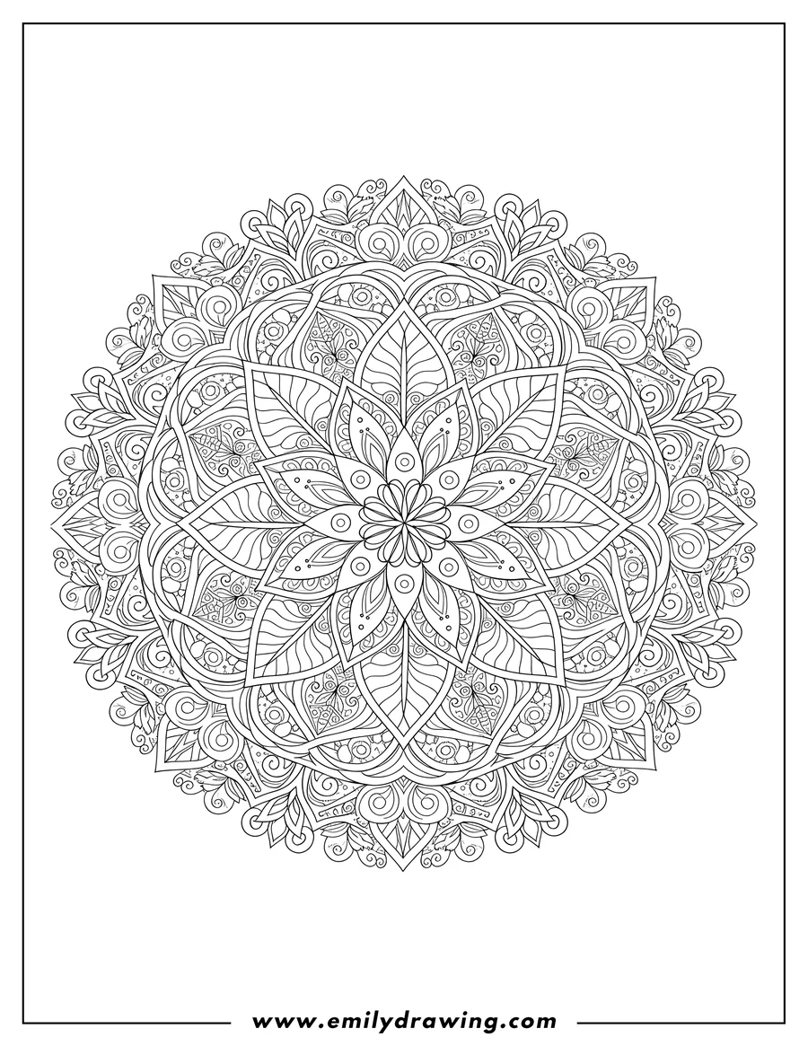 Free printable coloring sheet of symmetrical Round Zentangle Mandala with intricate floral patterns