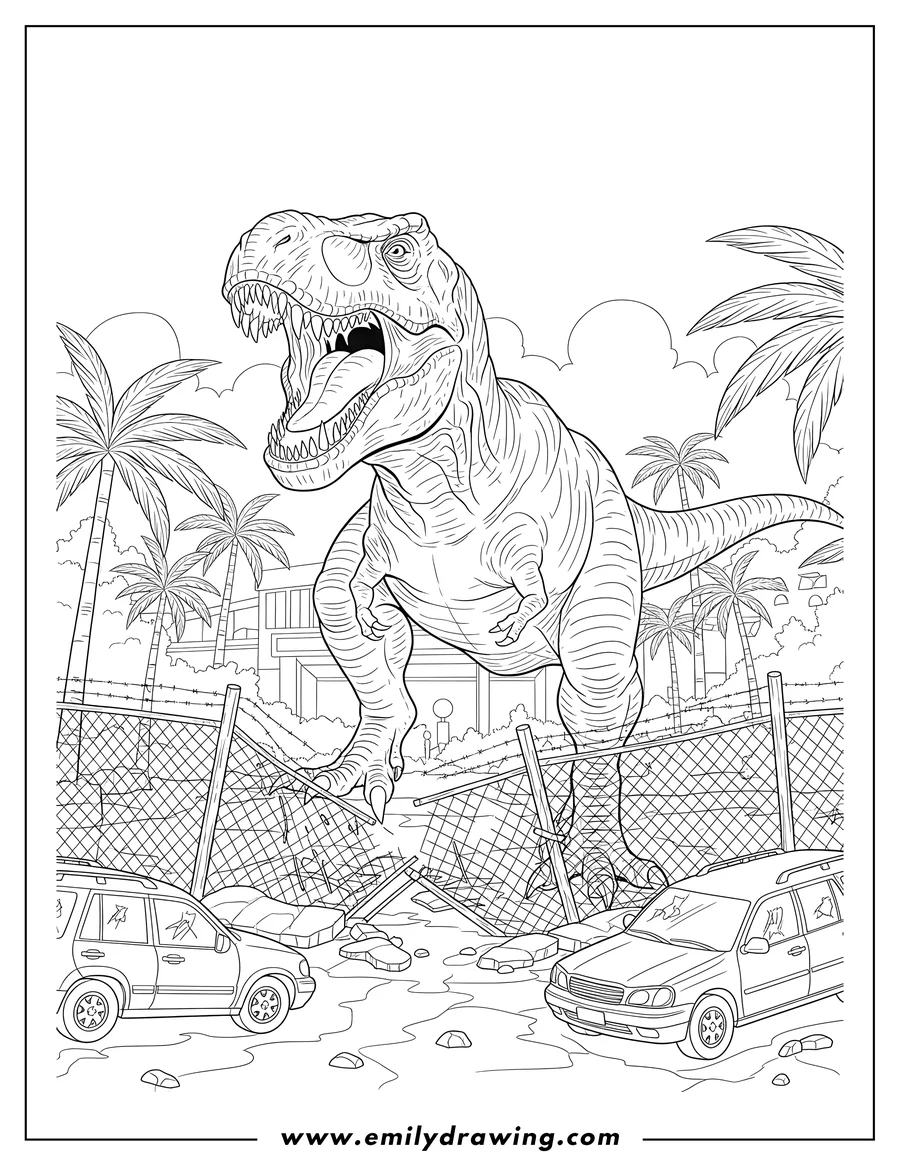 PDF style coloring page: jurassic Park T Rex Escaping Enclosure To Color, roaring with an open mouth, stepping over a broken fence, with cars