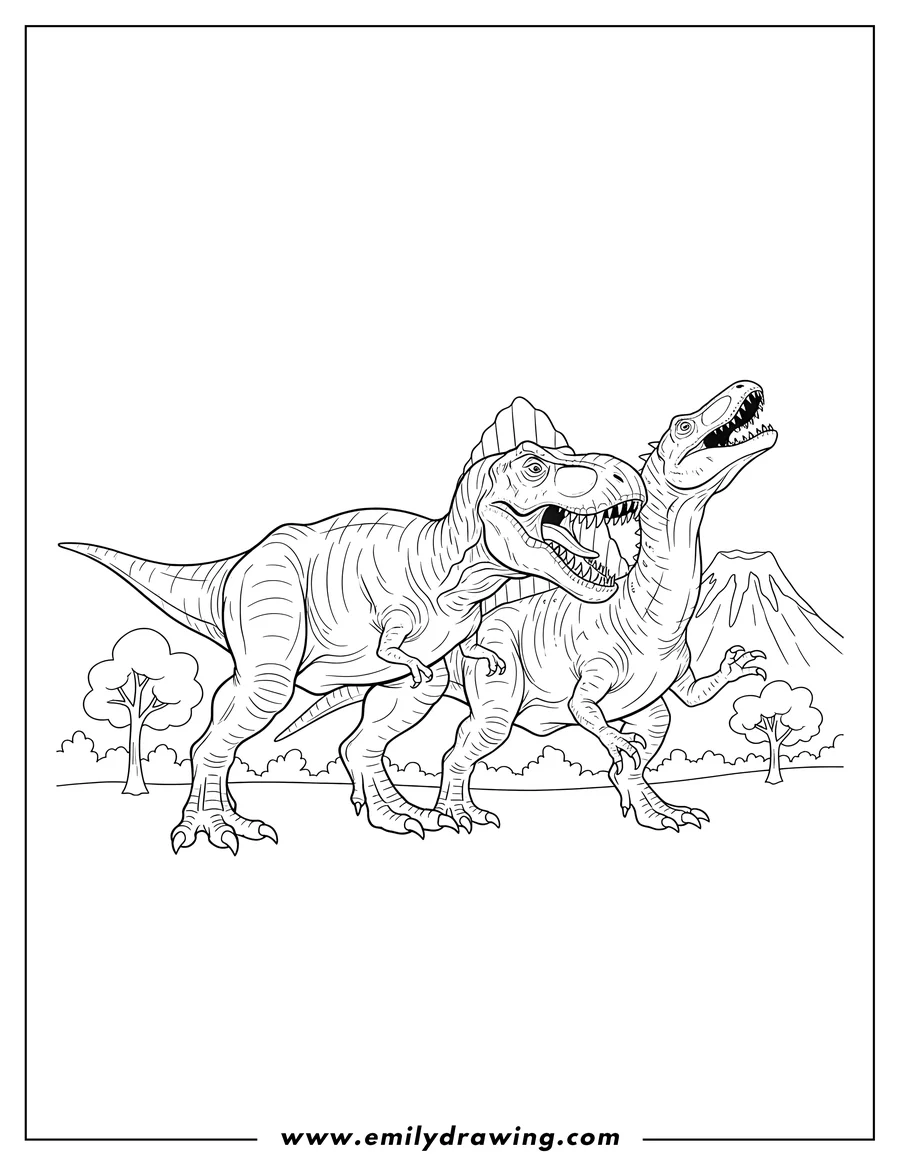 Outline drawing of T Rex fighting Spinosaurus, with the T Rex biting the Spinosaurus's neck