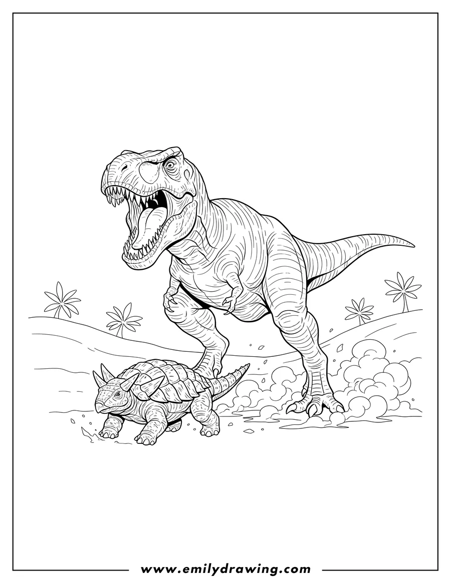 Outline drawing of T Rex roaring and kicking up dust, chasing an Ankylosaurus running