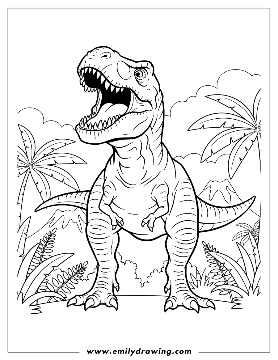 Coloring sheet featuring T Rex From Jurassic Park To Color, roaring