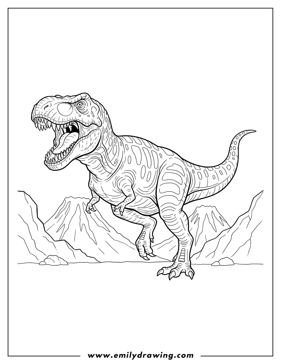 Vector style outline of T Rex Roaring Scaled, mouth wide open, striding