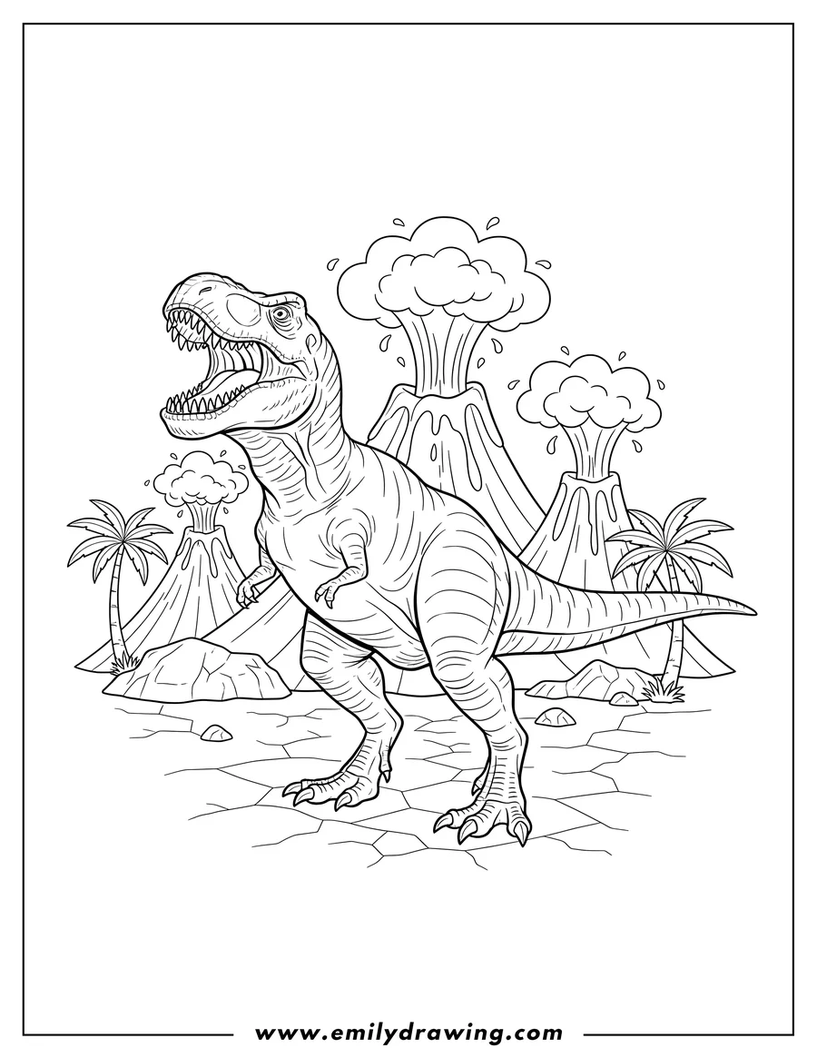 High quality printable A standing T-Rex roaring with its mouth wide open, with multiple volcanoes erupting for coloring