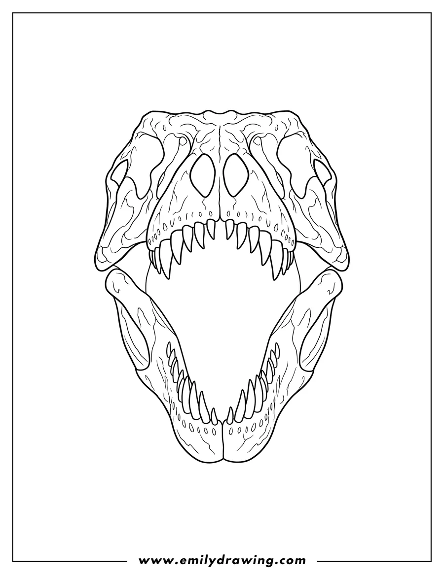 Free printable coloring sheet of T-Rex skull with open mouth and sharp teeth